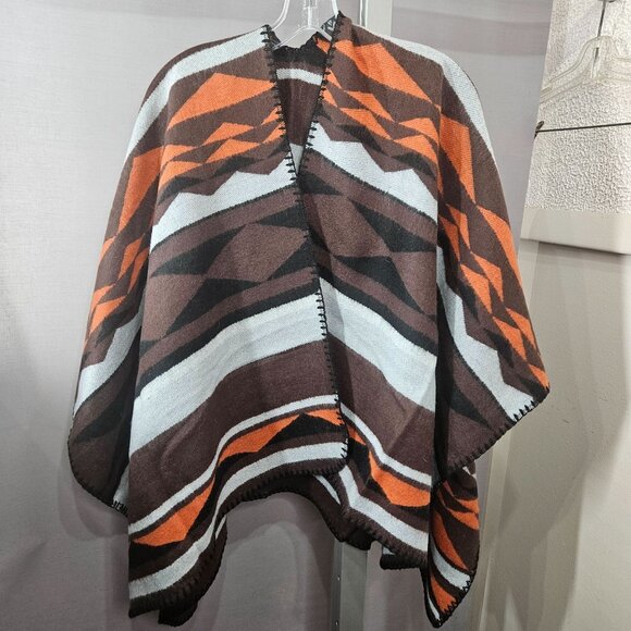 Old Navy Shawl Poncho Open Sweater Cashmere Blend Knit Western Striped Geometric - Picture 2 of 10